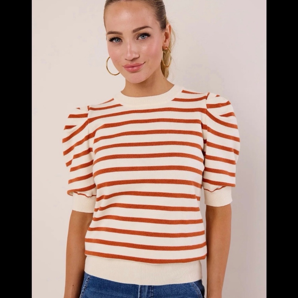 Striped Puff-Sleeve Short-Sleeve Sweater - Cream & Rust